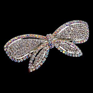 Vintage 80s Kirks Folly Signed AB & Clear Rhinestone Bow Hair Clip Barrette